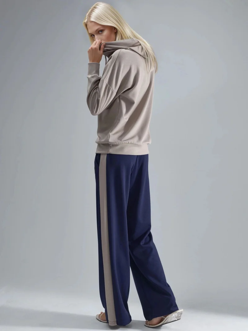 Hiccup Tan Natural Modal Touch Hooded Sweatshirt & Stripe Detailed Pants Set Bersan Collection for Women | Best Price UAE